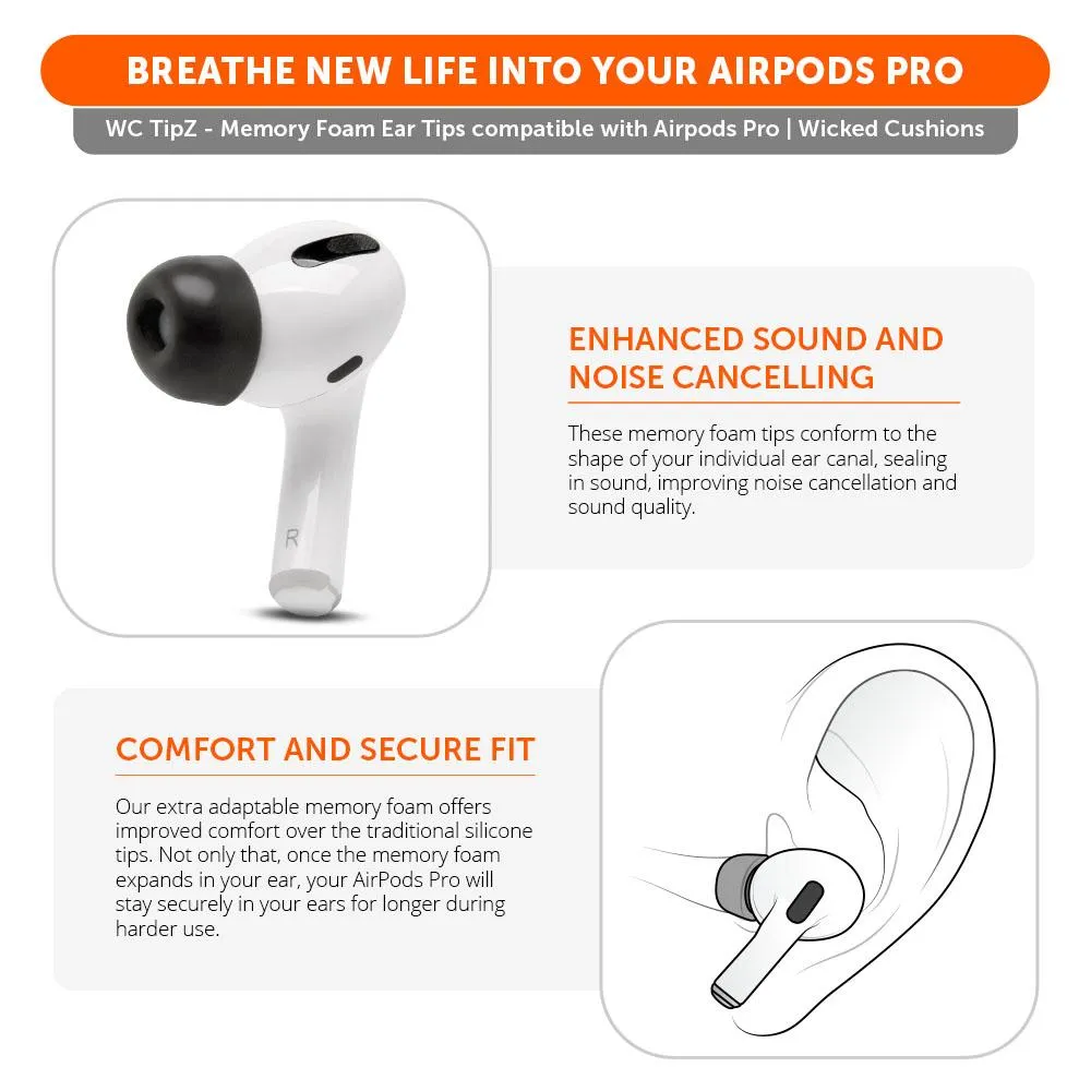 Wicked Cushions WC TipZ ørepropper til AirPods Pro, Pitch Black, 3 størrelser