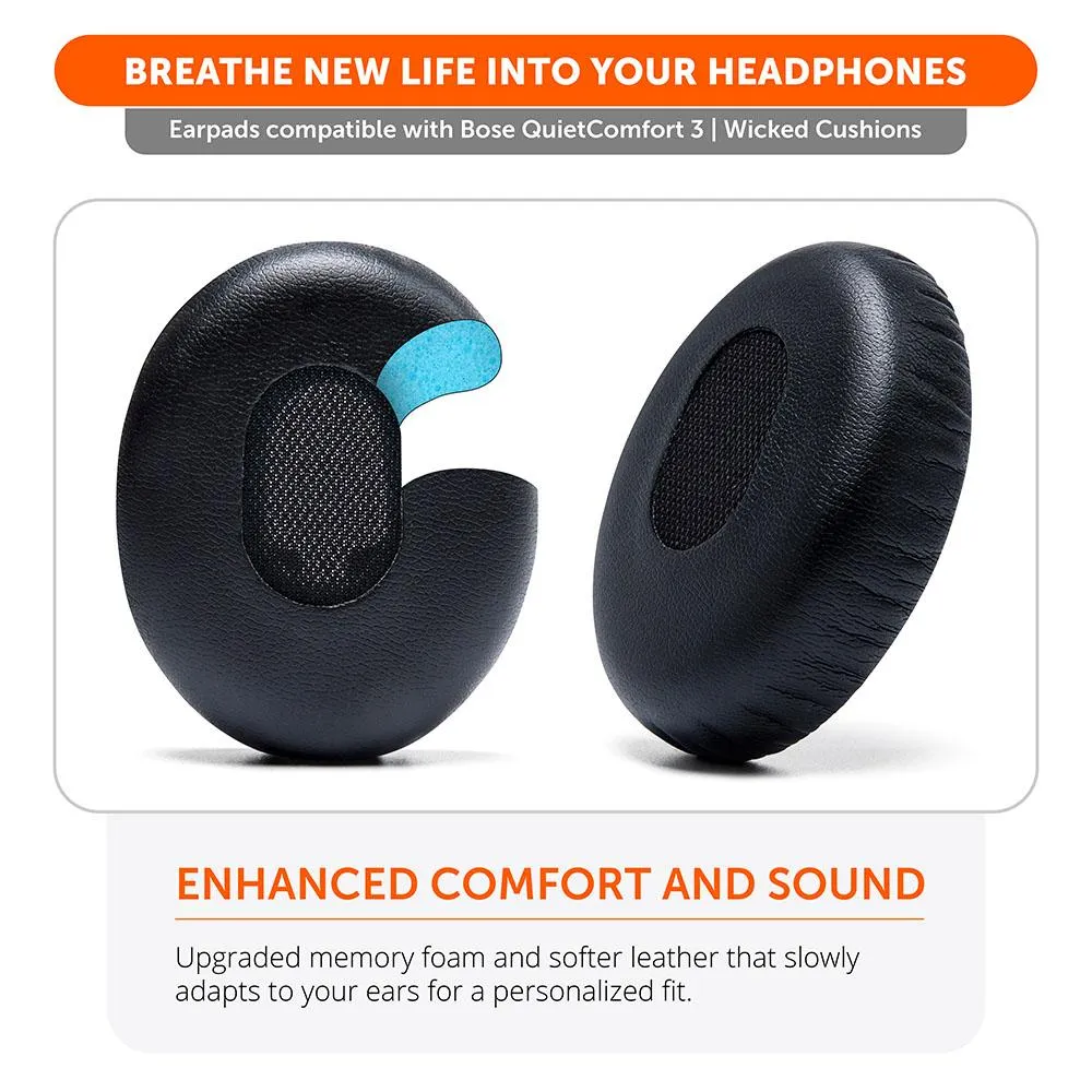 Wicked Cushions Replacement Ear Pads For Bose QC3 ørepuder sort memory foam