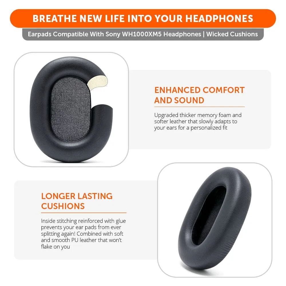 Wicked Cushions Upgraded Sony XM5 replacement ear pads ørepuder Black memory foam