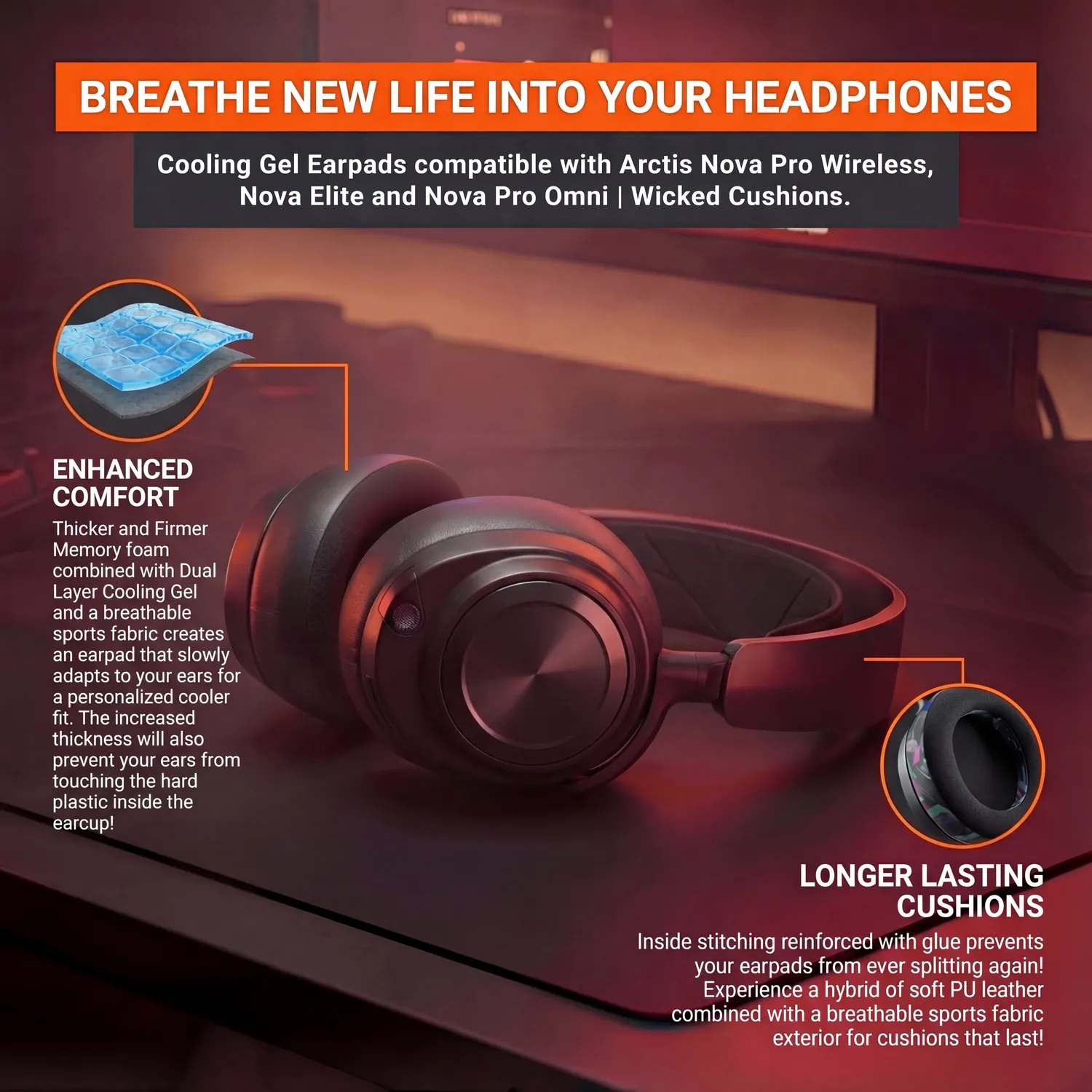 Wicked Cushions WC FreeZe Arctis Nova Pro Wireless ørepuder sorte gel
