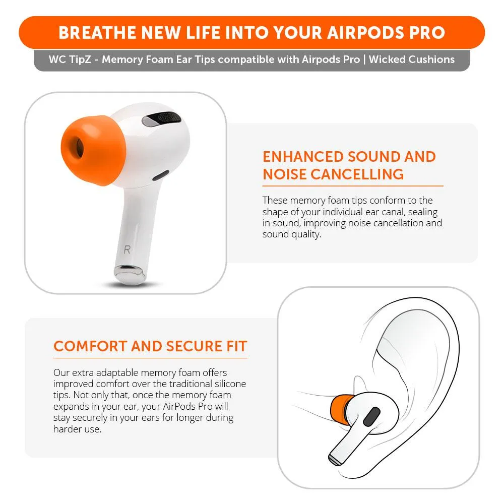 Wicked Cushions WC TipZ ørepropper til AirPods Pro, Pitch Black, 3 størrelser