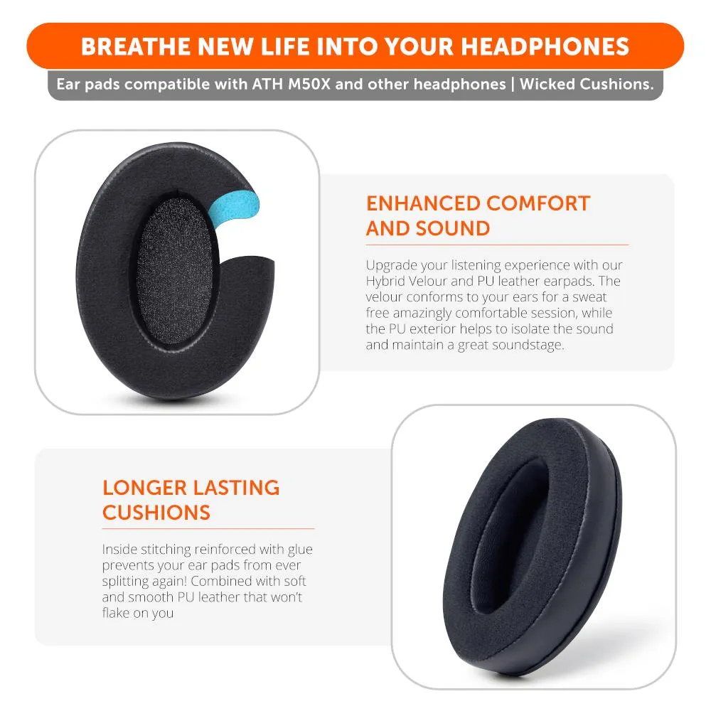 Wicked Cushions ATH M50X Velour Hybrid ørepuder, sort